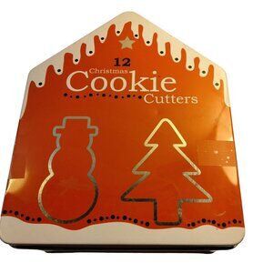 Christmas Metal Cookie Cutters in House Shaped Tin Lot 11 Forms
